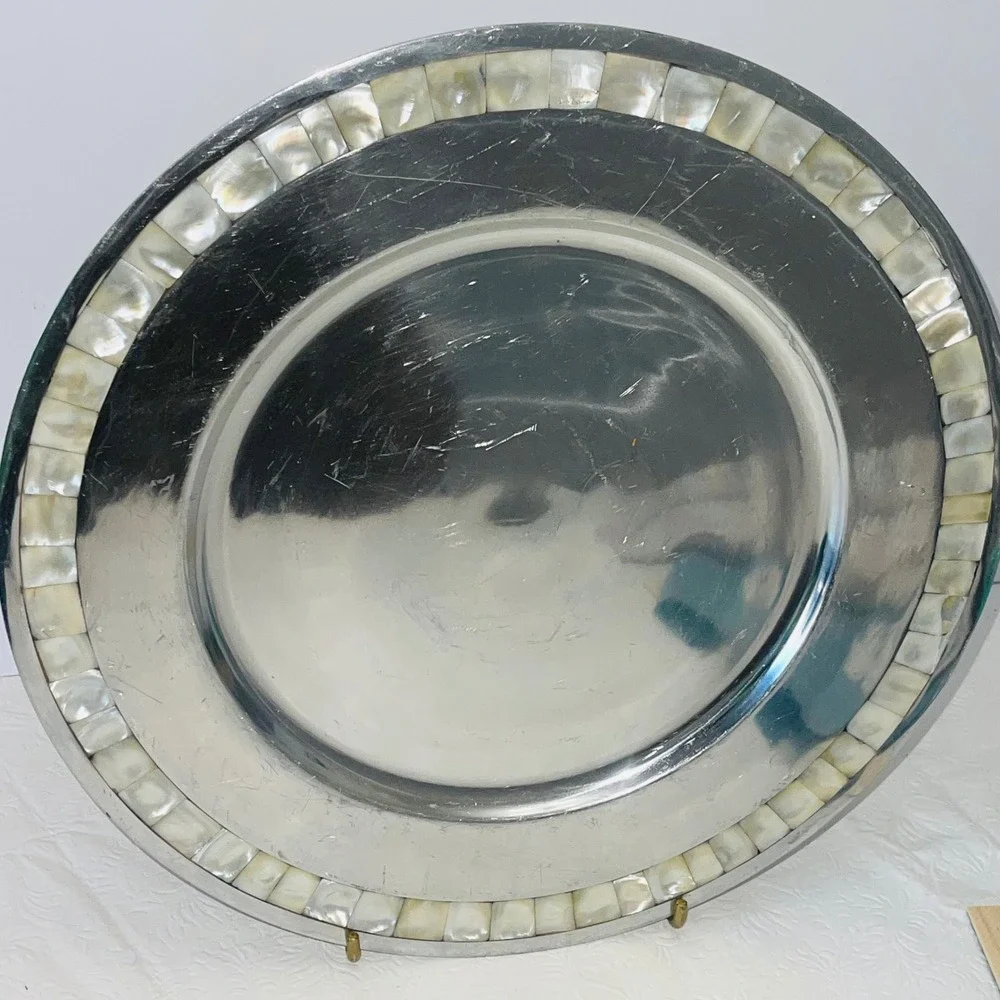 Pottery Barn Barona Charger Plate Silver Mother of Pearl Shell Inlay 14